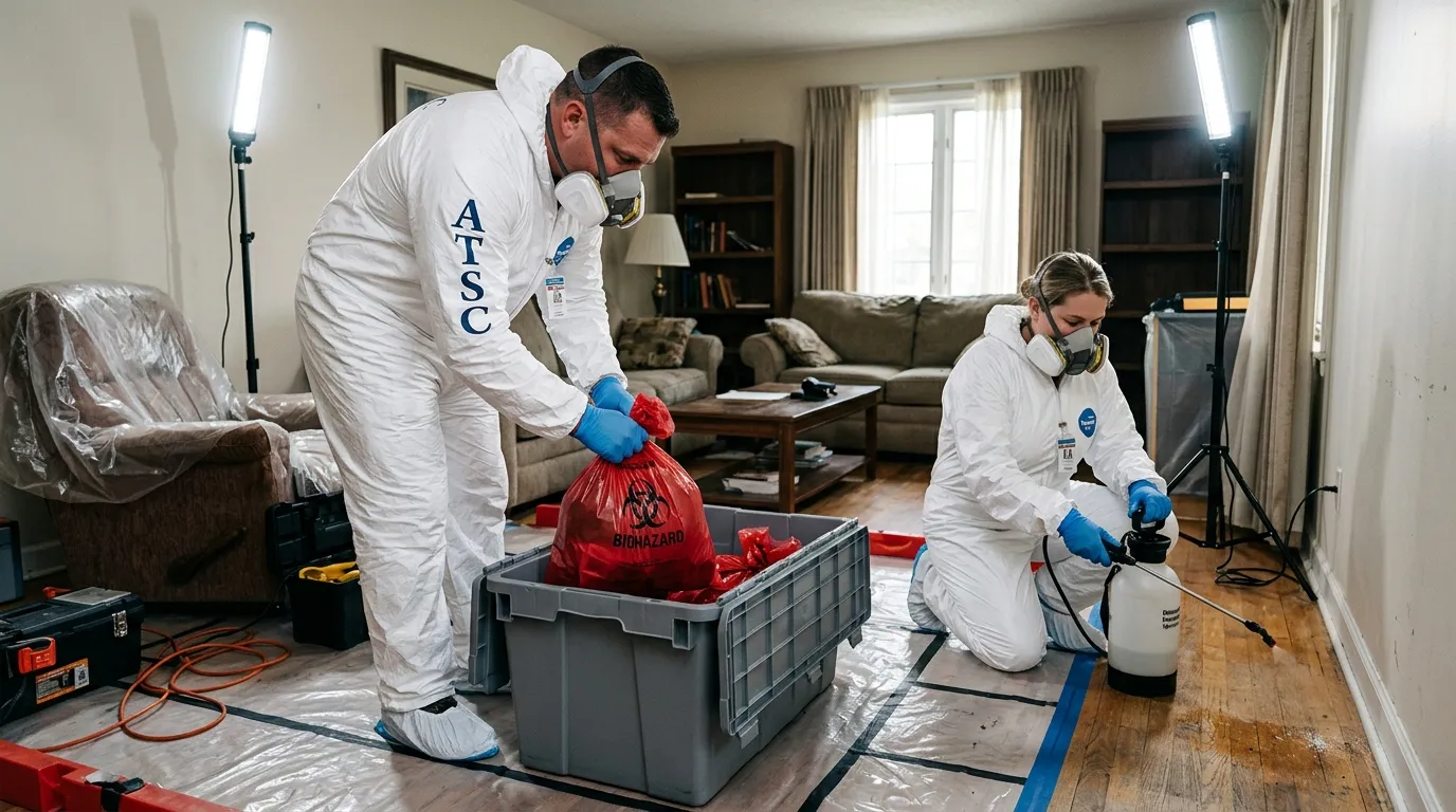 Professional Biohazard Cleanup technician in full PPE working in Childersburg